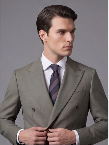 Açık Yeşil Yünlü Sivri Yaka Kruvaze Comfort Fit Takım Elbise