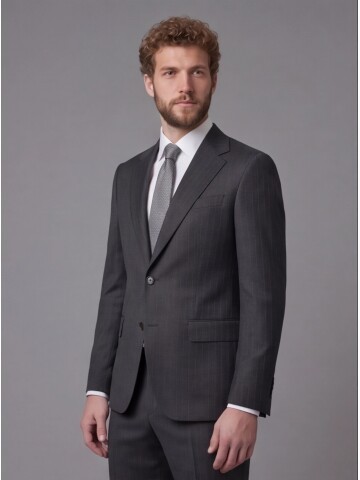 Antrasit Çizgili Yünlü Mono Yaka Comfort Fit Takım Elbise