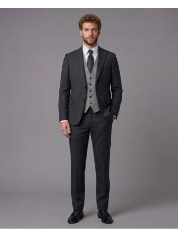 Antrasit Sivri Yaka Çift Düğmeli Slim Fit Yelekli Takım Elbise