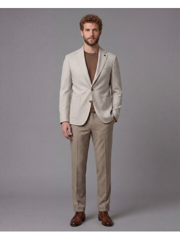 Bej Ceket Açık Kahverengi Pantolon Kombinli Slim Fit Takım Elbise