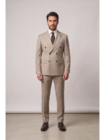 Beige Pinstripe Peak Lapel Double Breasted Suit