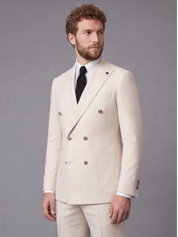 Beige Comfort Fit Double-Breasted Suit
