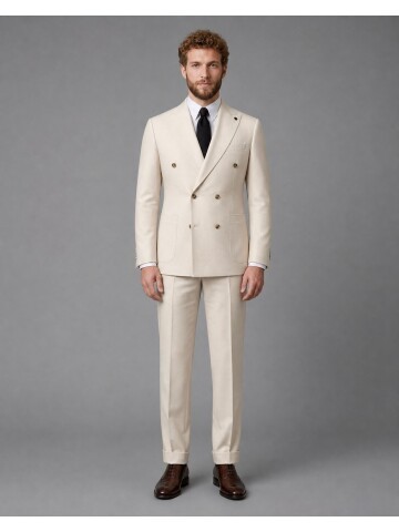 Beige Comfort Fit Double-Breasted Suit