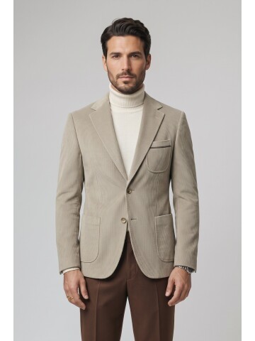 Beige Velvet Notch Lapel Slim Fit Jacket