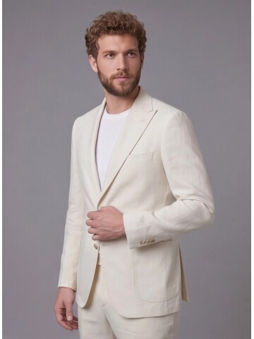 Bej Keten Sivri Yaka Comfort Fit Torba Cep 2 Düğme Takım Elbise