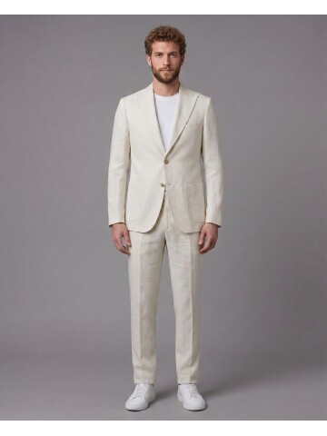 Bej Keten Sivri Yaka Comfort Fit Torba Cep 2 Düğme Takım Elbise