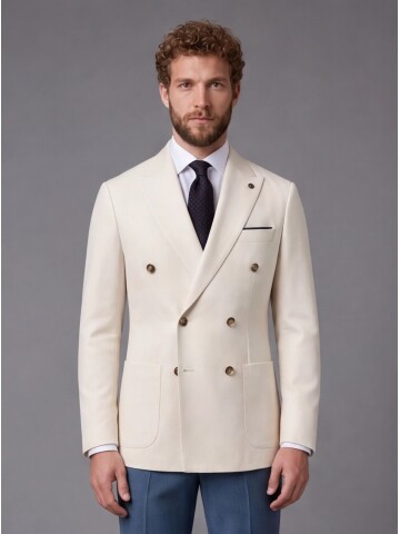 Bej Kruvaze Ceket Mavi Pantolon Kombinli Slim Fit Takım Elbise