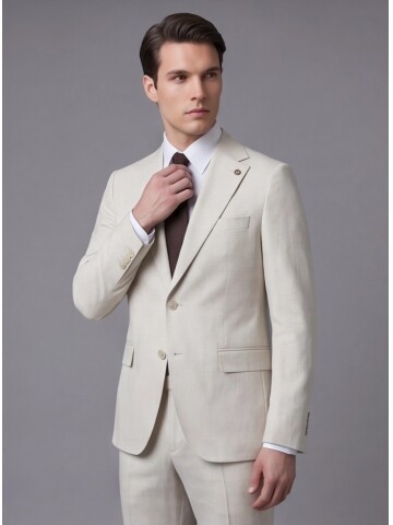 Bej Mono Yaka İki Düğmeli Slim Fit Takım Elbise