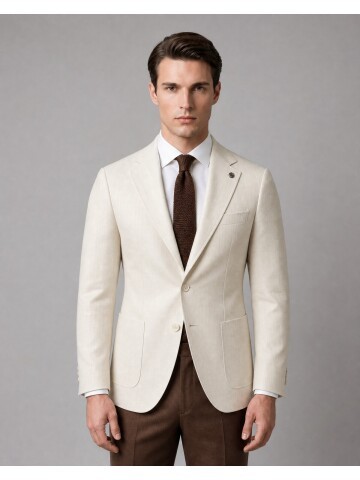 Bej Mono Yaka Slim Fit Torba Cep Ceket