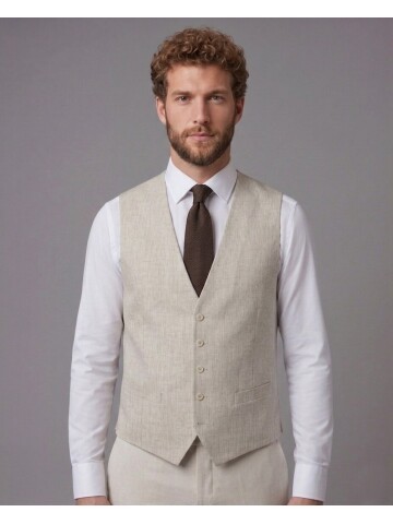 Bej Sivri Yaka Çift Düğmeli Slim Fit Yelekli Takım Elbise