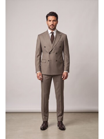 Beige Peak Lapel Pinstripe Double Breasted Suit