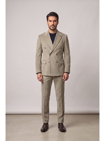 Beige Peak Lapel Velvet Double Breasted Suit