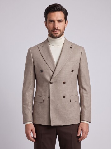 Beige Peak Lapel Double-Breasted Blazer