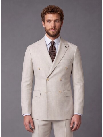 Beige Peak Lapel Double Breasted Suit