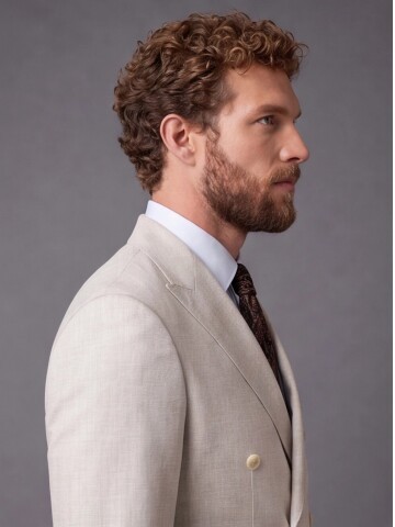 Beige Peak Lapel Double Breasted Suit