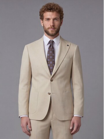 Bej Sivri Yaka Slim Fit 2 Düğme Torba Cep Takım Elbise