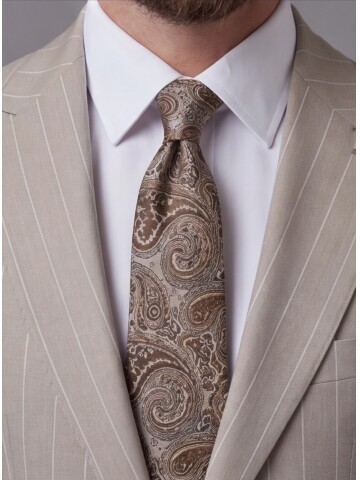 Bej Sivri Yaka Slim Fit Çizgili Takım Elbise