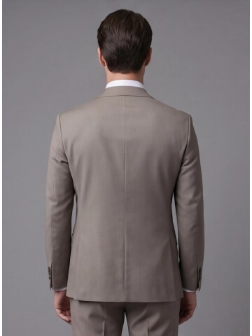 Bej Yünlü Mono Yaka Regular Fit 2 Düğme Takım Elbise