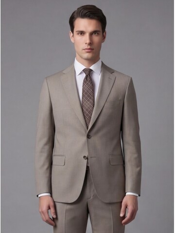 Bej Yünlü Mono Yaka Regular Fit 2 Düğme Takım Elbise