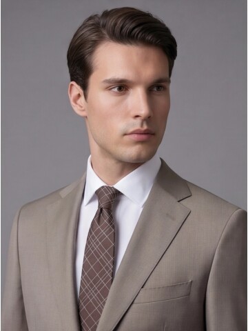 Bej Yünlü Mono Yaka Regular Fit 2 Düğme Takım Elbise