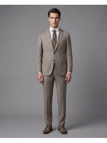 Bej Yünlü Mono Yaka Regular Fit 2 Düğme Takım Elbise