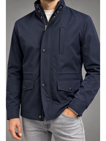Erkek Lacivert Dik Yaka Comfort Fit Torba Cepli Mont