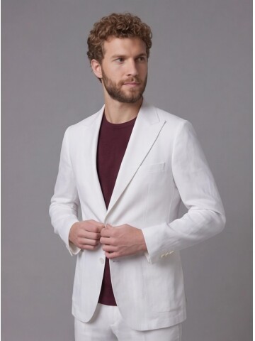 Beyaz Keten Sivri Yaka Comfort Fit Torba Cep 2 Düğme Takım Elbise