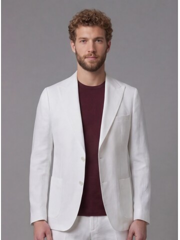 Beyaz Keten Sivri Yaka Comfort Fit Torba Cep 2 Düğme Takım Elbise