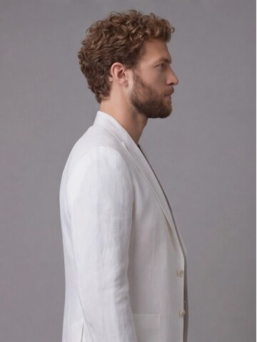 Beyaz Keten Sivri Yaka Comfort Fit Torba Cep 2 Düğme Takım Elbise