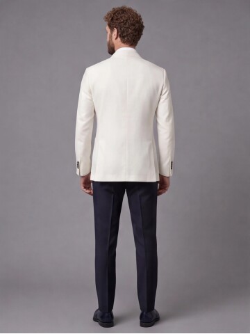 Beyaz Kruvaze Ceket Lacivert Pantolon Kombinli Slim Fit Takım Elbise
