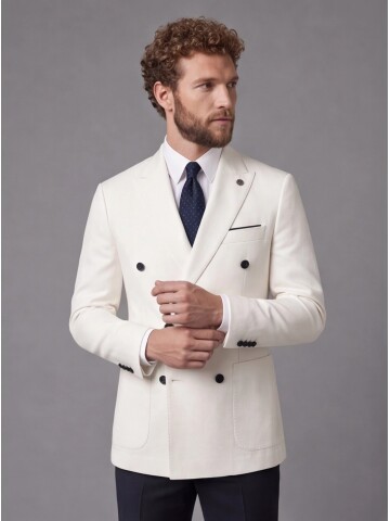 Beyaz Kruvaze Ceket Lacivert Pantolon Kombinli Slim Fit Takım Elbise
