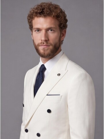 Beyaz Kruvaze Ceket Lacivert Pantolon Kombinli Slim Fit Takım Elbise