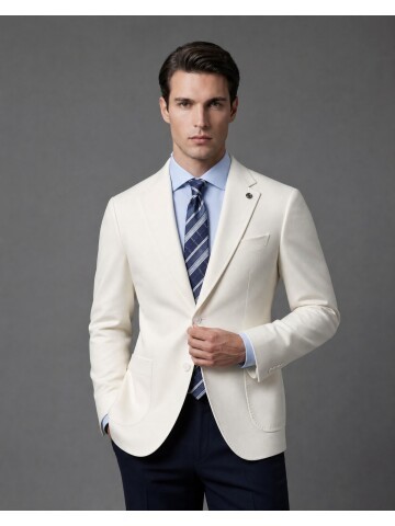Beyaz Mono Yaka Slim Fit Torba Cep Ceket