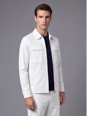 Beyaz Safari Cep Comfort Fit Fermuarlı Spor Takım