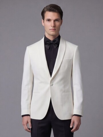 Beyaz Şal Yaka Tek Düğme Slim Fit Damatlık