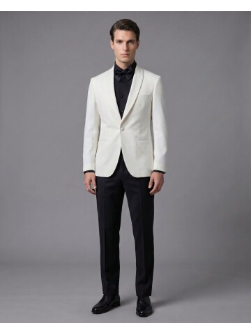 Beyaz Şal Yaka Tek Düğme Slim Fit Damatlık