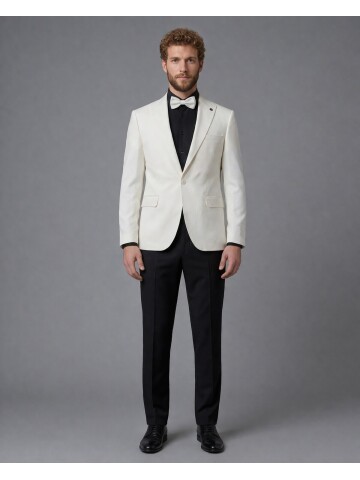 White Peak Lapel Comfort Fit Single Button Tuxedo Jacket & Black Trousers Suit Combination