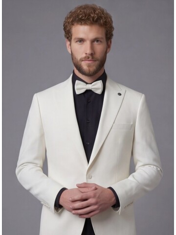 White Peak Lapel Comfort Fit Single Button Tuxedo Jacket & Black Trousers Suit Combination