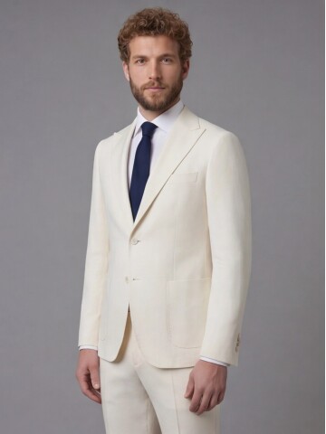 Beyaz Sivri Yaka Slim Fit 2 Düğme Torba Cep Takım Elbise