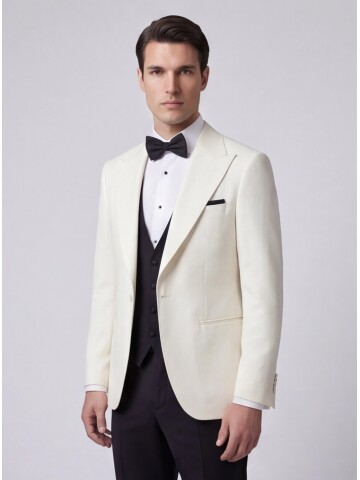 Beyaz Sivri Yaka Slim Fit Tek Düğmeli Damatlık