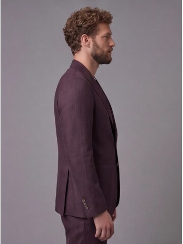 Bordo Keten Sivri Yaka Comfort Fit Torba Cep 2 Düğme Takım Elbise