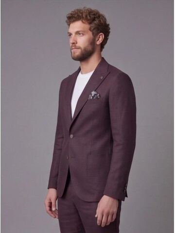 Bordo Keten Sivri Yaka Comfort Fit Torba Cep 2 Düğme Takım Elbise