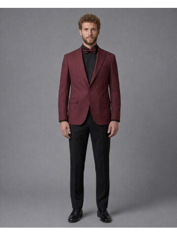 Burgundy Peak Lapel Comfort Fit Single Button Tuxedo Jacket & Black Trousers Suit Combination