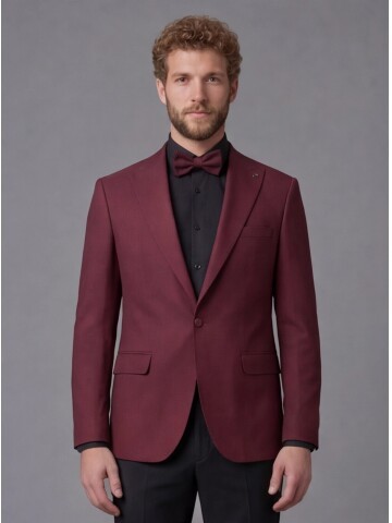 Burgundy Peak Lapel Comfort Fit Single Button Tuxedo Jacket & Black Trousers Suit Combination