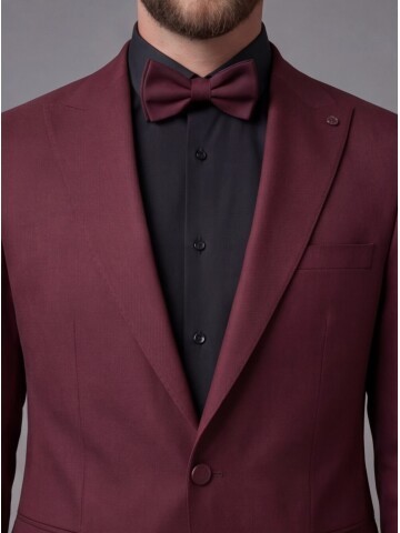 Burgundy Peak Lapel Comfort Fit Single Button Tuxedo Jacket & Black Trousers Suit Combination