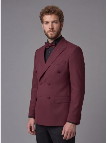 Burgundy Peak Lapel Double-Breasted Blazer & Black Trousers Combination Suit