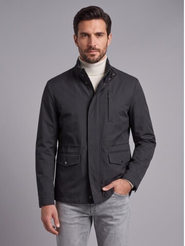 Erkek Siyah Dik Yaka Comfort Fit Torba Cepli Mont