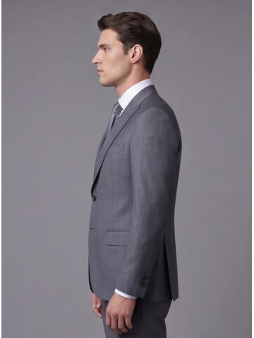 Gri Çizgili Yünlü Sivri Yaka Regular Fit Takım Elbise