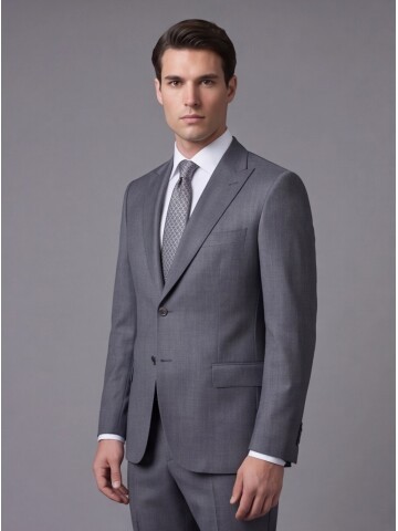 Gri Çizgili Yünlü Sivri Yaka Regular Fit Takım Elbise