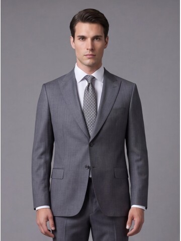 Gri Çizgili Yünlü Sivri Yaka Regular Fit Takım Elbise